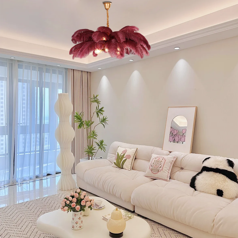 Art Deco Pendant Light — 8-Color Brass & Feather Cluster for Luxury Bedroom/Dining Room